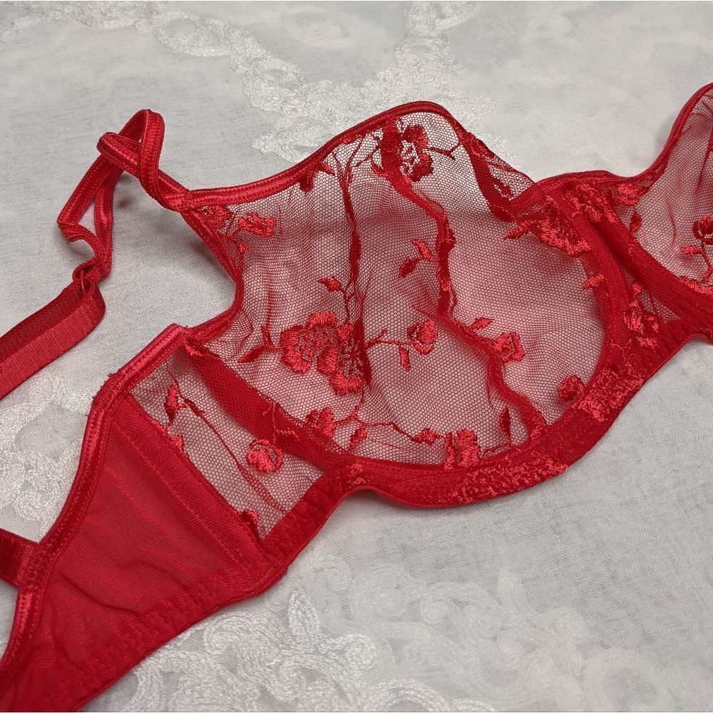 Victoria's Secret Red Lace Bra Mesh Sheer Floral Embroidered 34D Y2K Vintage - Picture 2 of 7
